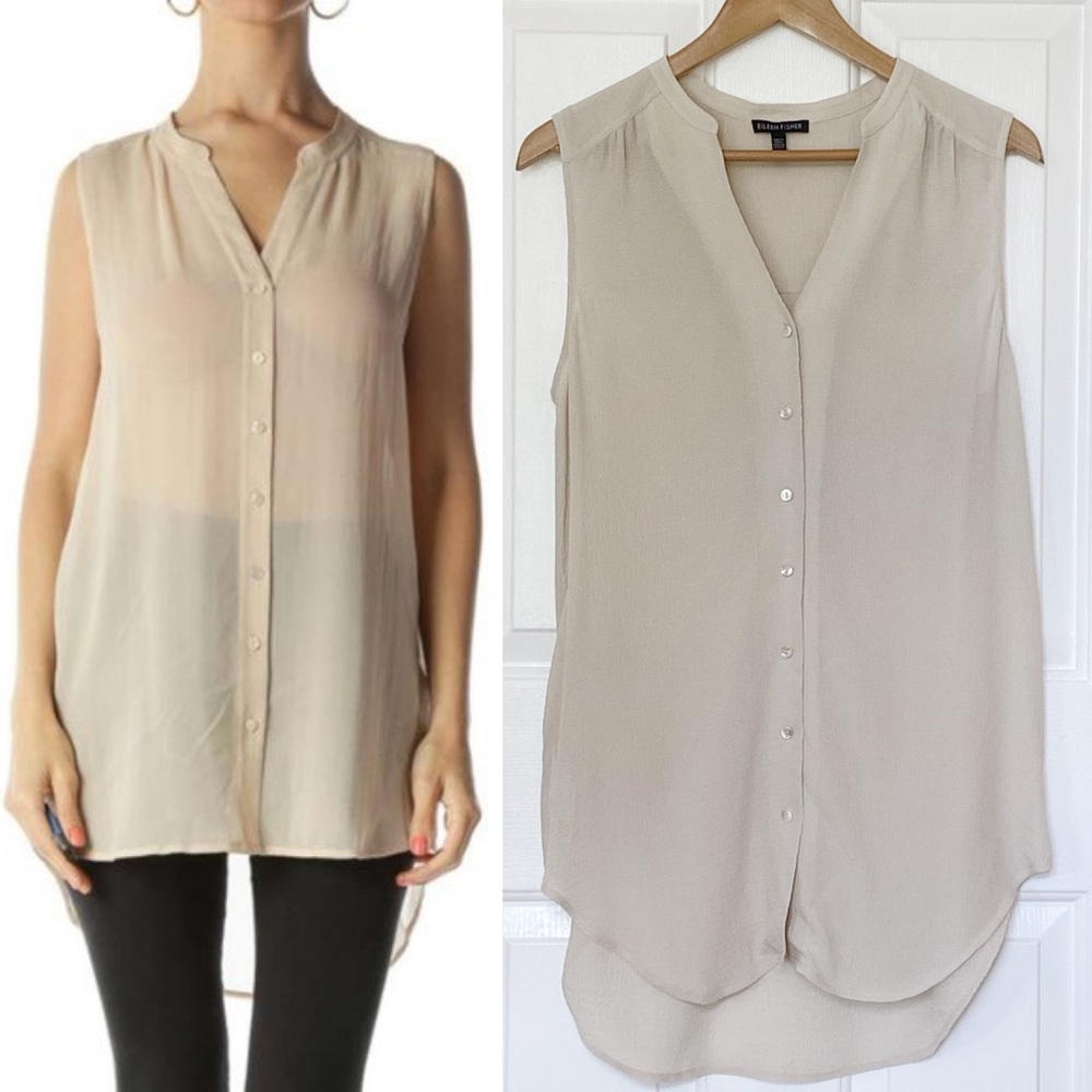 Eileen Fisher Mandarin Collar Silk Textured Tank Top M